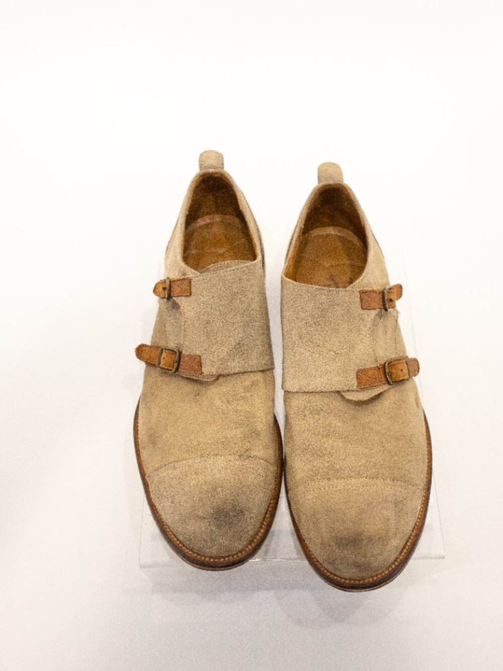 Beige Suede Double Monk Strap Loafers - Picture 2 of 4